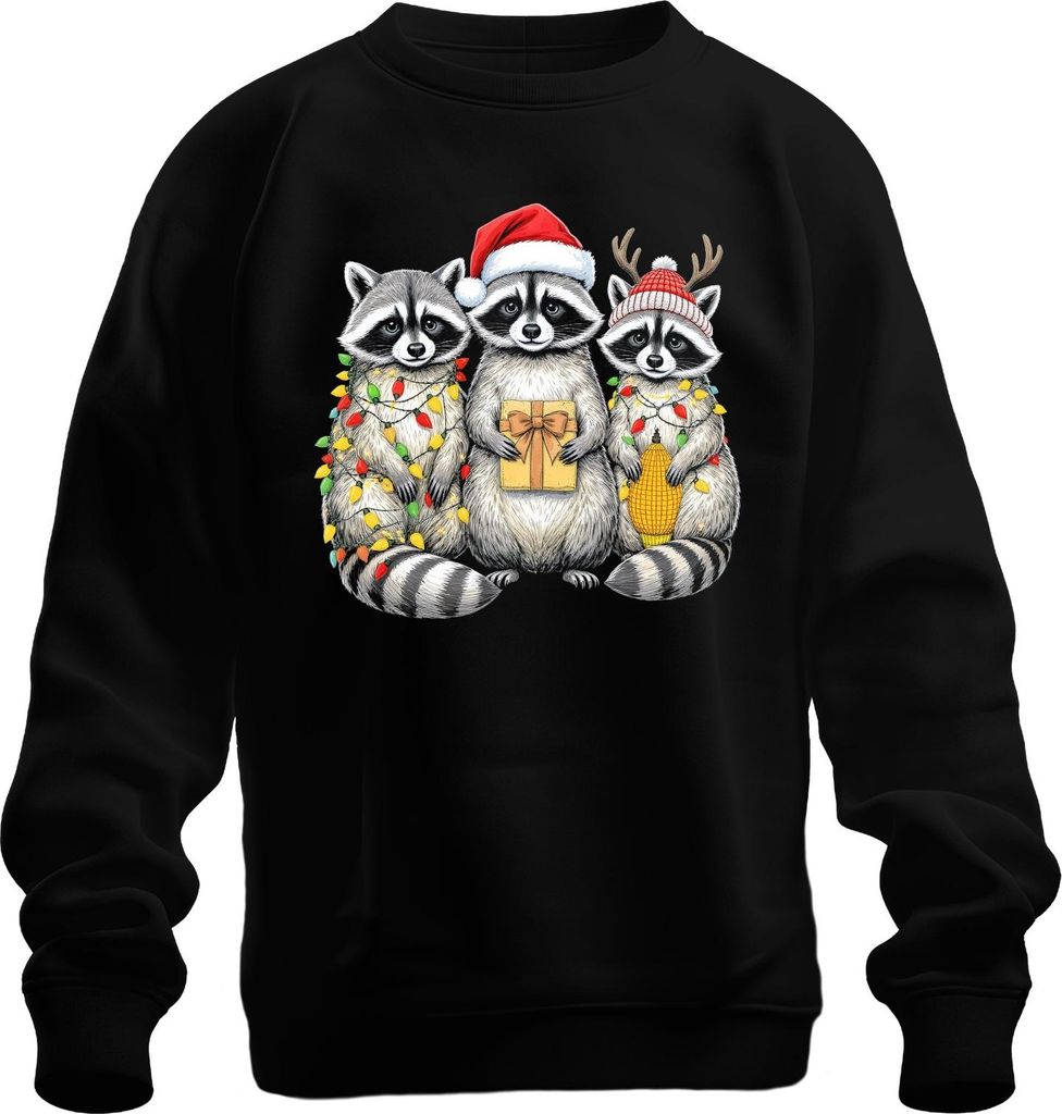 Weihnachts Waschbären Lustig Geschenk Lichterkette Weihnachtsmütz Uni Sweatshirt Pullover, Schwarz, L