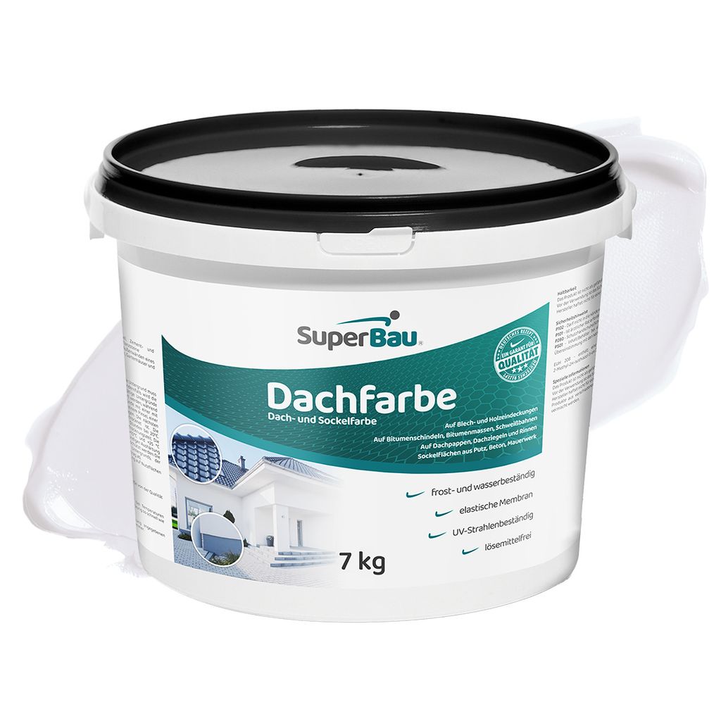 Superbau Dachfarbe Weiß 7kg, Sockelfarbe WASSERDICHT, Fassadenfarbe für Außen, Dachbeschichtung für Blechdach, Bitumen, Dachpappe, Schindeln, Putz