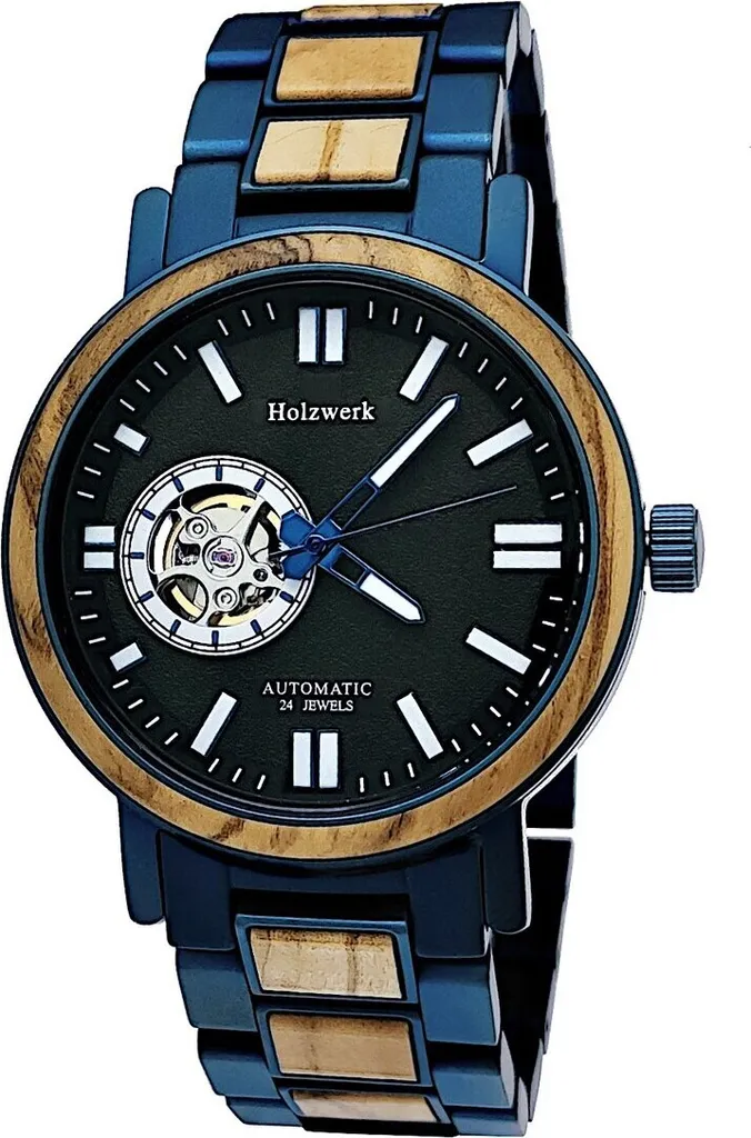 Montre Homme Bois et Acier Holzwerk COBURG à Mouvement Automatique Bleu