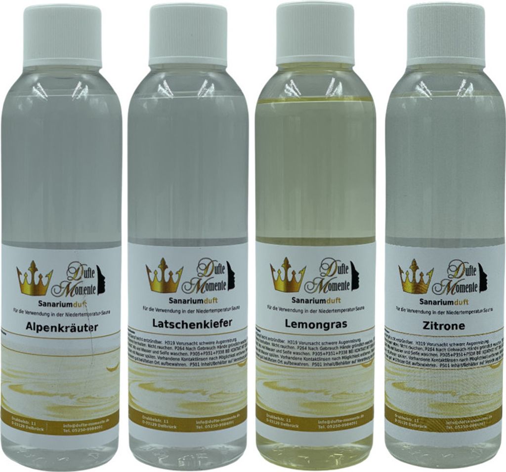 Sanarium Duft 4 x 250ml - Alpenkräuter, Latschenkiefer, Lemongras, Zitrone - Duft für Niedertemperatur Sauna - beliebt auch bei Profi Anwendern