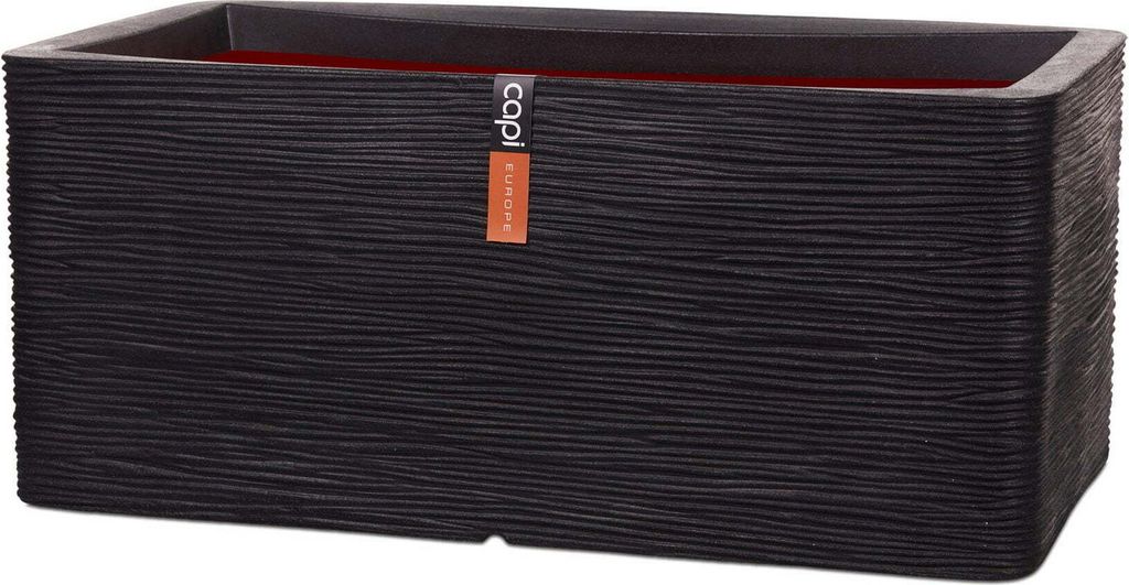 A black rectangular planter with a textured surface and a red interior.