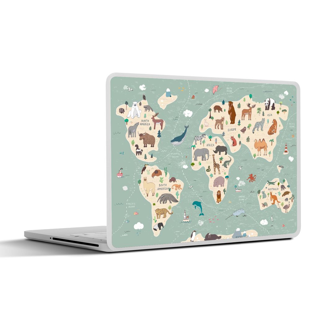 MuchoWow Laptop Aufkleber Sticker Cover Erde - Weltkarte Kinder - Tiere - Jungen - Mädchen - Blau 30x22 cm - Laptop-Sticker