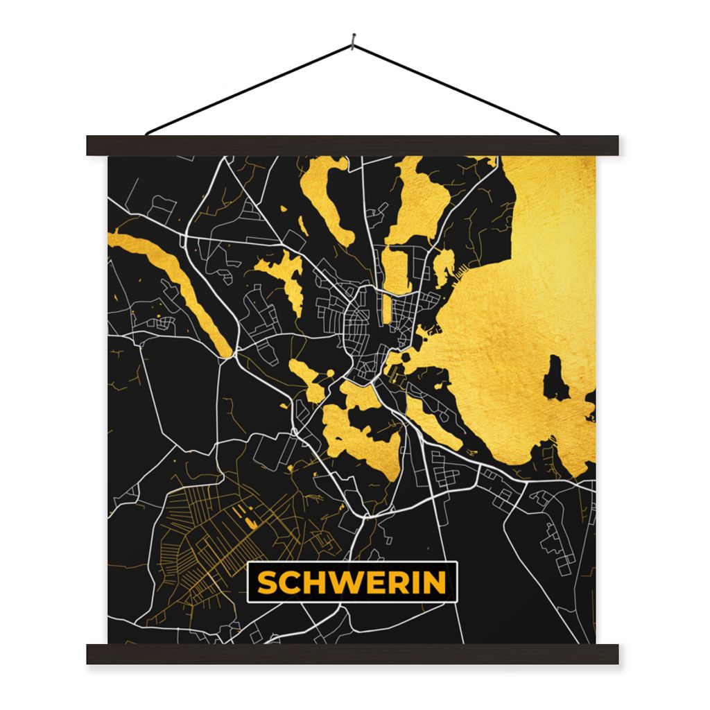 MuchoWow Textilposter Schwerin - Gold - Stadtplan - Karte - Deutschland 40x40 cm mit schwarzem Rahmen - Fotos