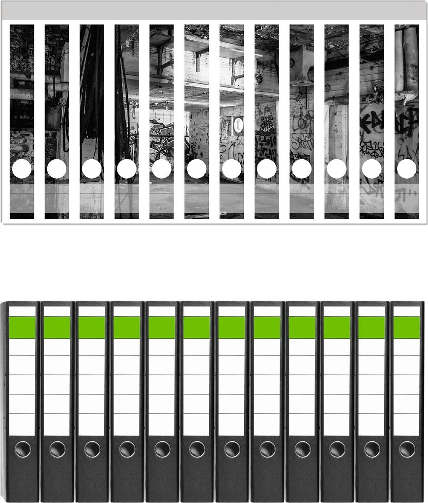 Wallario 12 Stück schmale Ordner inkl. Klebeetiketten mit Motive Alte verlassene Fabrik in schwarz weiß mit Graffiti - Set mit Rückenschildern ...
