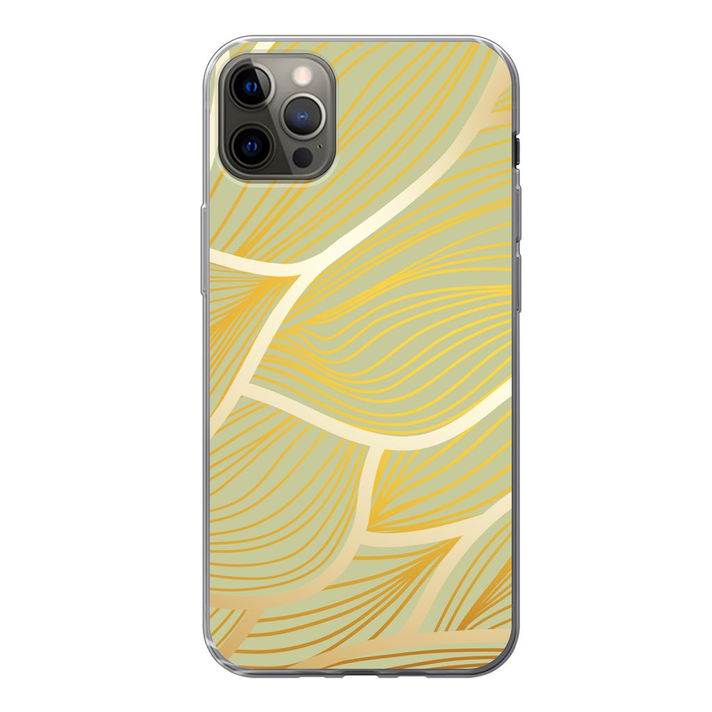 MuchoWow Handyhülle Schutzhülle Hülle für iPhone 12 Pro Max Goldene Wellen auf grünem Hintergrund Silikon Softcase Handy Hülle - Hartschale