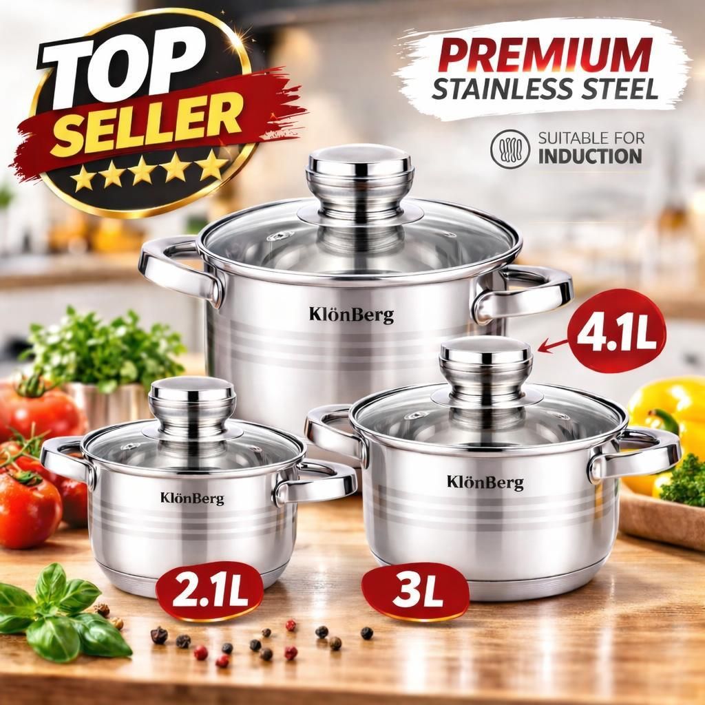 Kitchen Utensil Set Klönberg | 6pcs Induction Cookware Set | 2.1L 3L 4.1L | Stainless Steel | Hardened Glass Lids | Comfortable Handles | KB3031