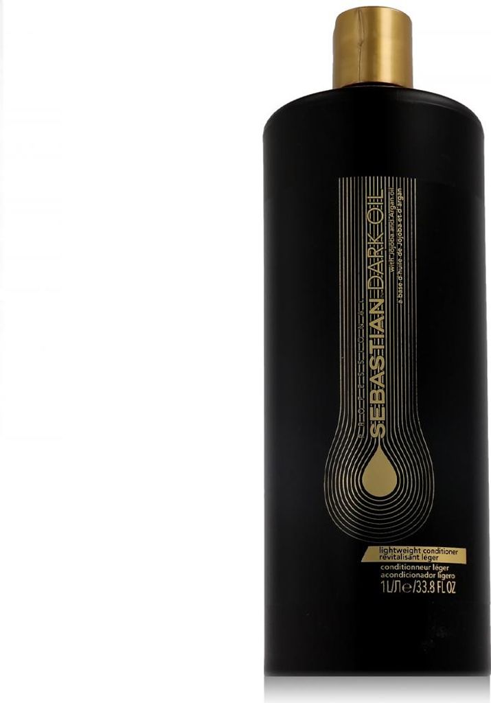 A black bottle of Sebastian Professional Dark Oil Lightweight Conditioner with a gold cap and gold lettering on the label.