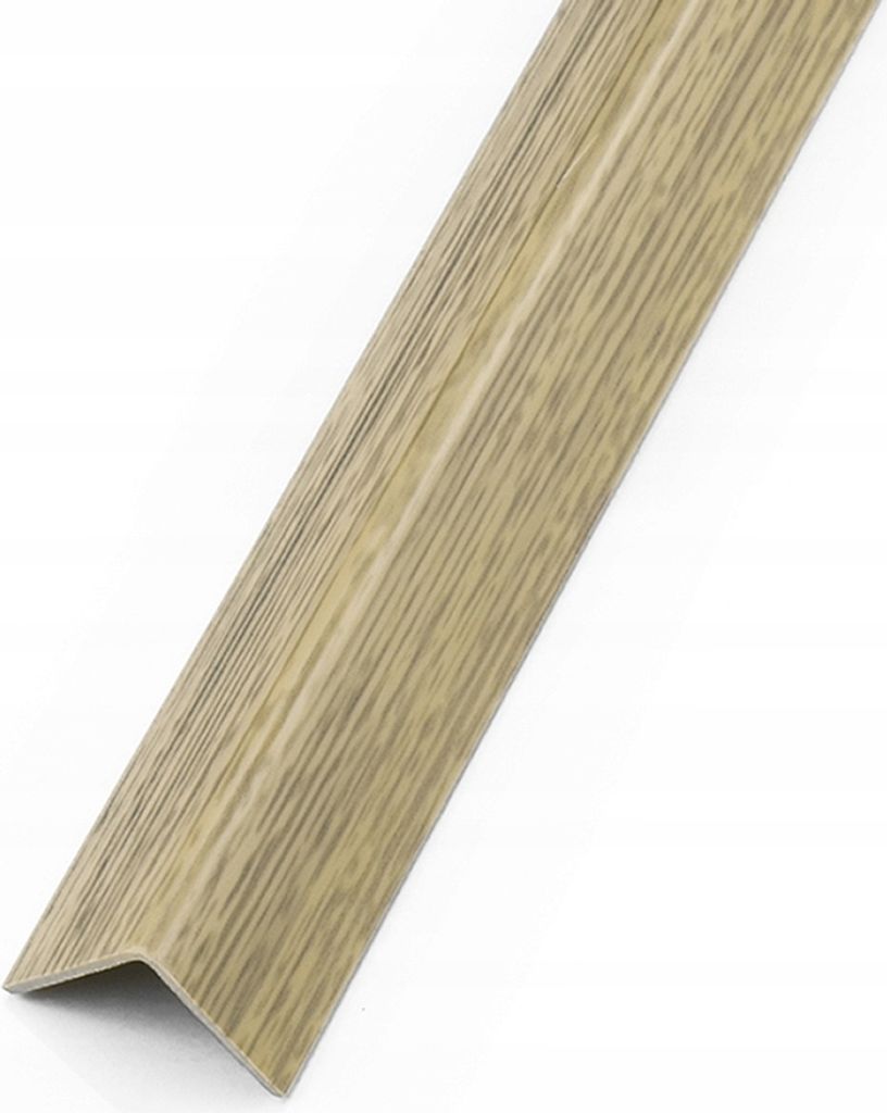 A single PVC corner profile with a wood grain texture, presented diagonally against a white background.
