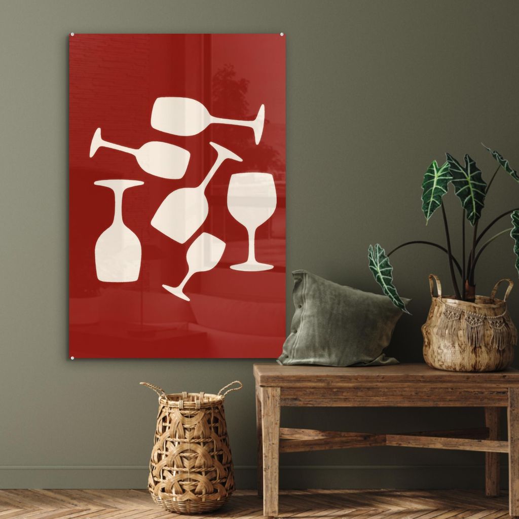 MuchoWow Glasbilder - Bilder auf Wandbild - Foto auf Glas Weingläser - Scherenschnitte - Weiß 80x120 cm Wanddekoration aus Glas - Acrylglasbild -...