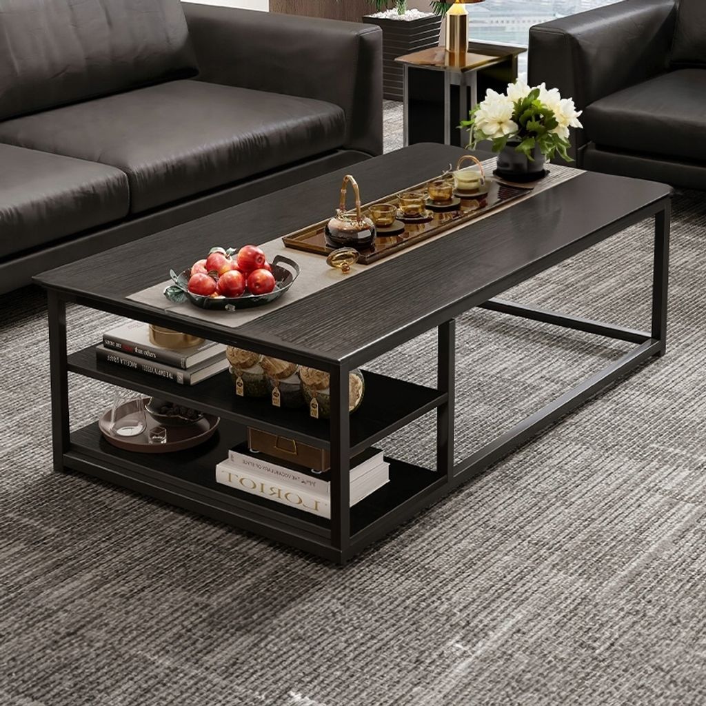 Couchtisch Schwarz 120 cm, Groß mit Ablagen, Moderner
