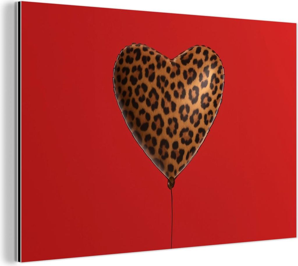 MuchoWow Wanddekoration Metall Metallbild Wandkunst 30x20 cm Ballon - Herzform - Rot - Panther-Muster MuchoWow Aluminium Gemälde - Aluminiumgemälder