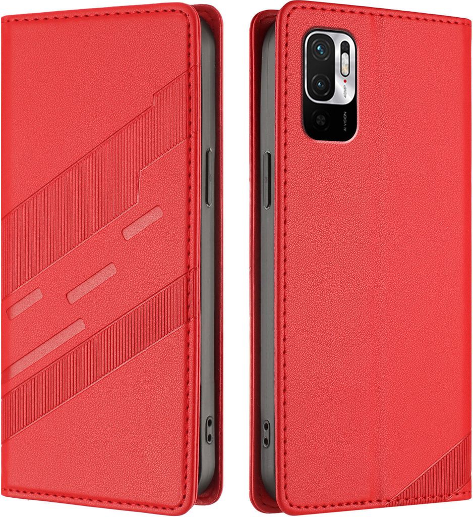 Hülle für Xiaomi Redmi Note 10 5G/Poco M3 Pro, Kunstleder Brieftaschen Handyhülle mit Kartenfach und Standfunktion Rot
