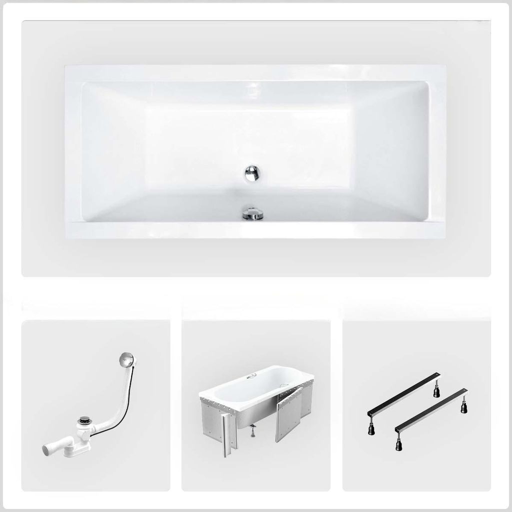Rechteckige Badewanne - 155 x 70 cm - mit Verkleidung - Füße - Chromablauf - QUADRO SLIM