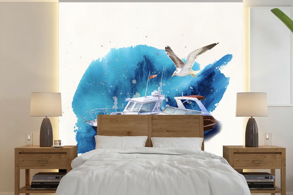 MuchoWow Fototapete für Wohnzimmer oder Schlafzimmer Wandtapete Vinyl Motivtapete Boot - Vogel - Aquarell - 280x280 cm - Hintergrundbild