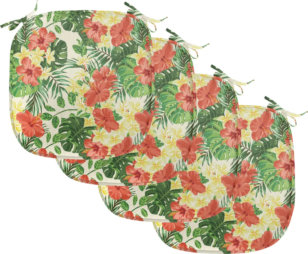 ABAKUHAUS Imbottitura tropicale per sedie da sala da pranzo, motivo floreale esotico, cuscino decorativo impermeabile con cinturini per sedie da cucina, 40 cm x 40 cm, confezione da 4, rosso pallido giallo verde