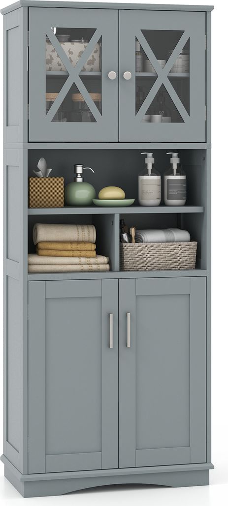 A gray freestanding storage cabinet with glass doors on top and solid doors on the bottom, filled with various bathroom items.