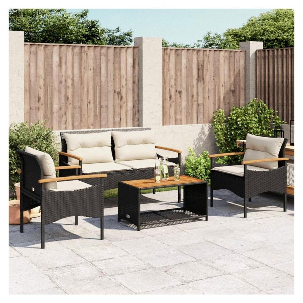 Gartenmöbel Set aus Polyrattan mit Kissen, Essgruppe mit 2-Sitzer Sofa, 2 Sesseln und 1 Tisch