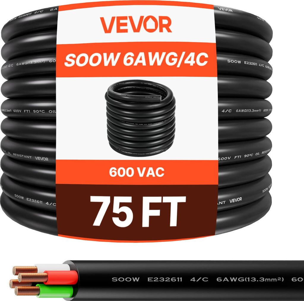 VEVOR 22,86 m 6AWG Tragbares Stromkabel (4 Leiter), Hochleistungs-600-V-Draht, Industriequalität-Elektrokabel, Premium-CPE-Gummimantel, Kupfer-Ver...