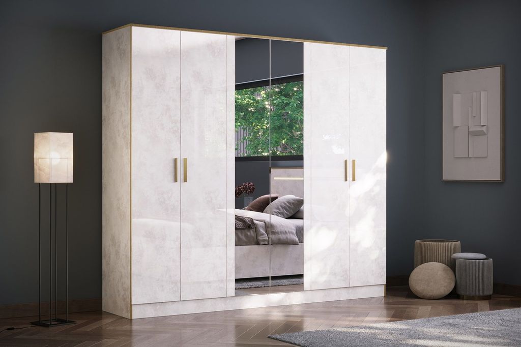 Schlafzimmer-Set Noemi 4-Teilig in Beige/Gold Hochglanz 6-Türig - Mit Polsterung
