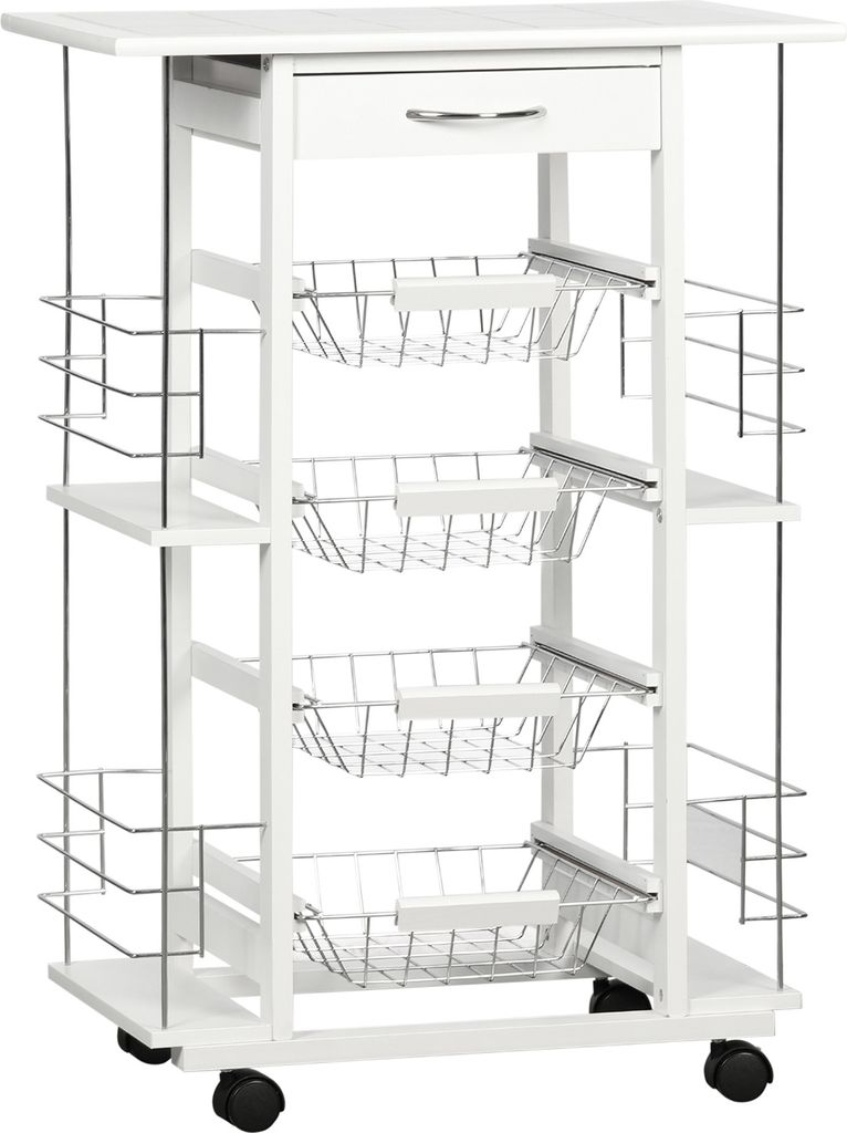 HOMCOM Chariot de service desserte de kitchen à roulettes multi-rangements 4 paniers métal tiroir + 4 range-bouteilles bois pin plateau carrelé ...