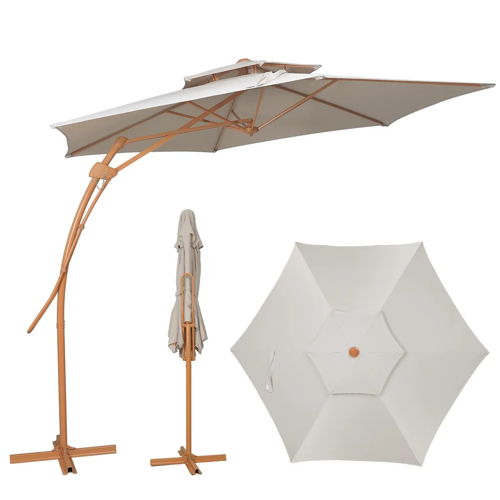 Parasol 3m Puluomi Anti-Chaleur 6 Baleines Elliptiques en Fer Beige UV