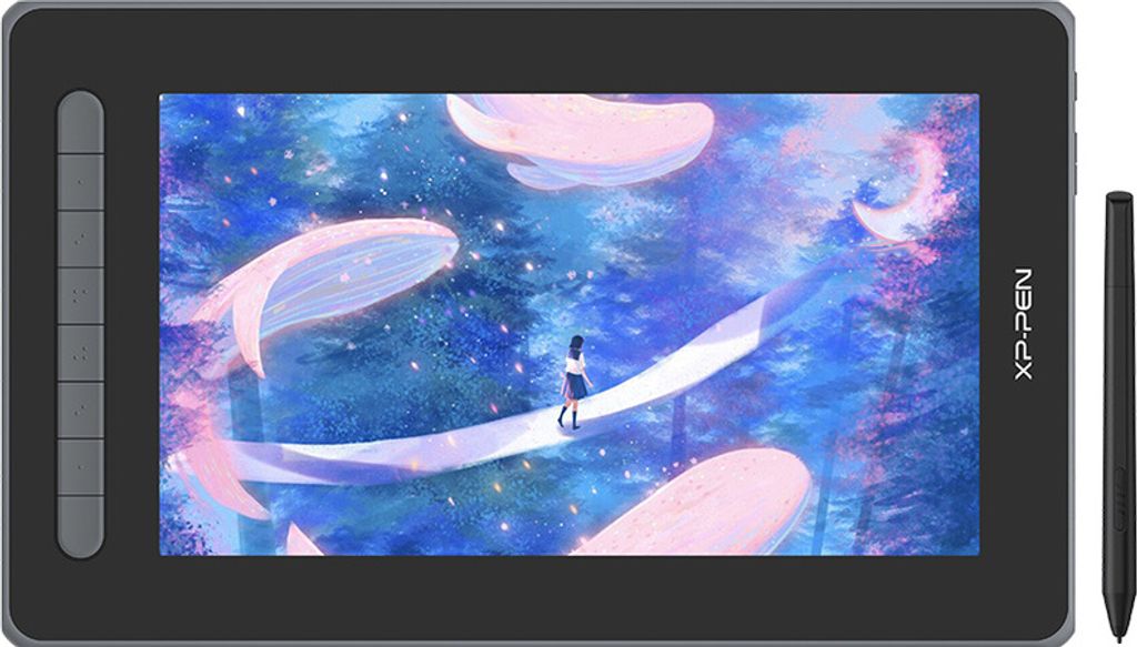 A digital drawing tablet with a stylus, displaying a fantasy scene with whales and a person on a bridge.