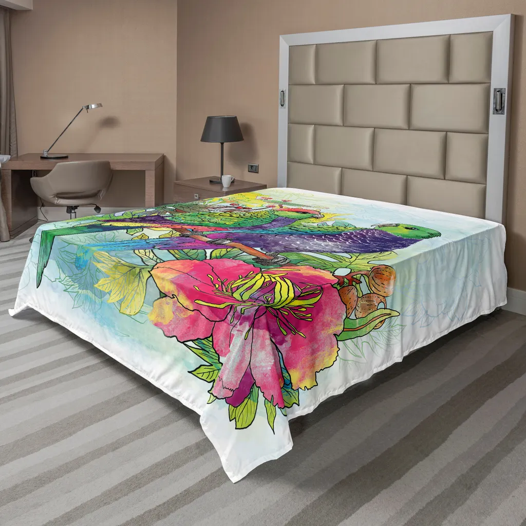 Drap plat décoratif style bohème à motifs perroquets - Grand lit 2 places