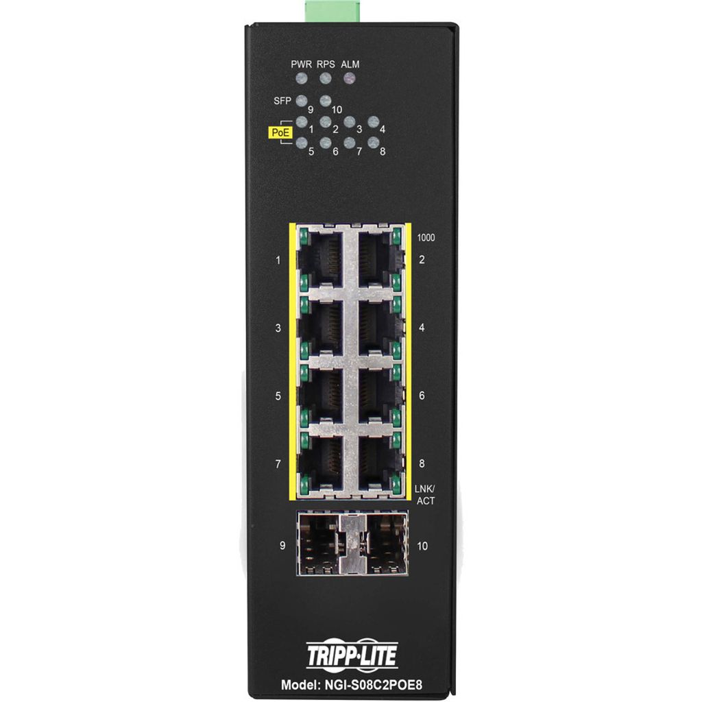 Tripp Lite 8-Port Lite Managed Industrial Gigabit Ethernet Switch - 10/100/1000 Mbps, PoE+ 30W, 2 GbE SFP Slots, -10° to 60°C, DIN Mount - Switch...