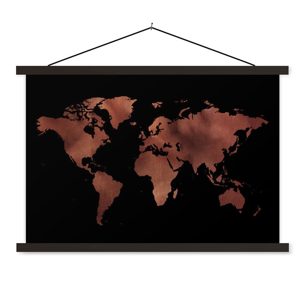 MuchoWow Textilposter Weltkarte - Schwarz - Rot 150x100 cm mit schwarzem Rahmen - Schlafzimmer