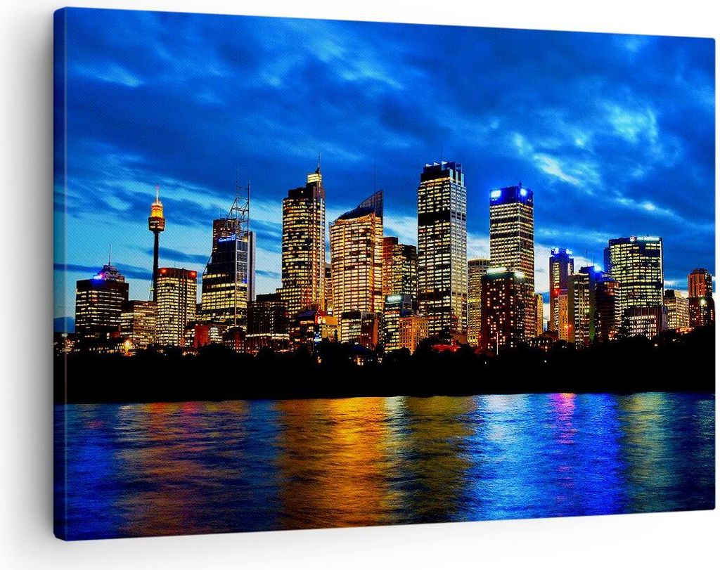 Bild auf Leinwand - Leinwandbild - Australien Nacht Stadt Wolkenkratzer - 70x50cm - Wand Bild - Wanddeko - Leinwanddruck - Bilder - Kunstdruck - Le...
