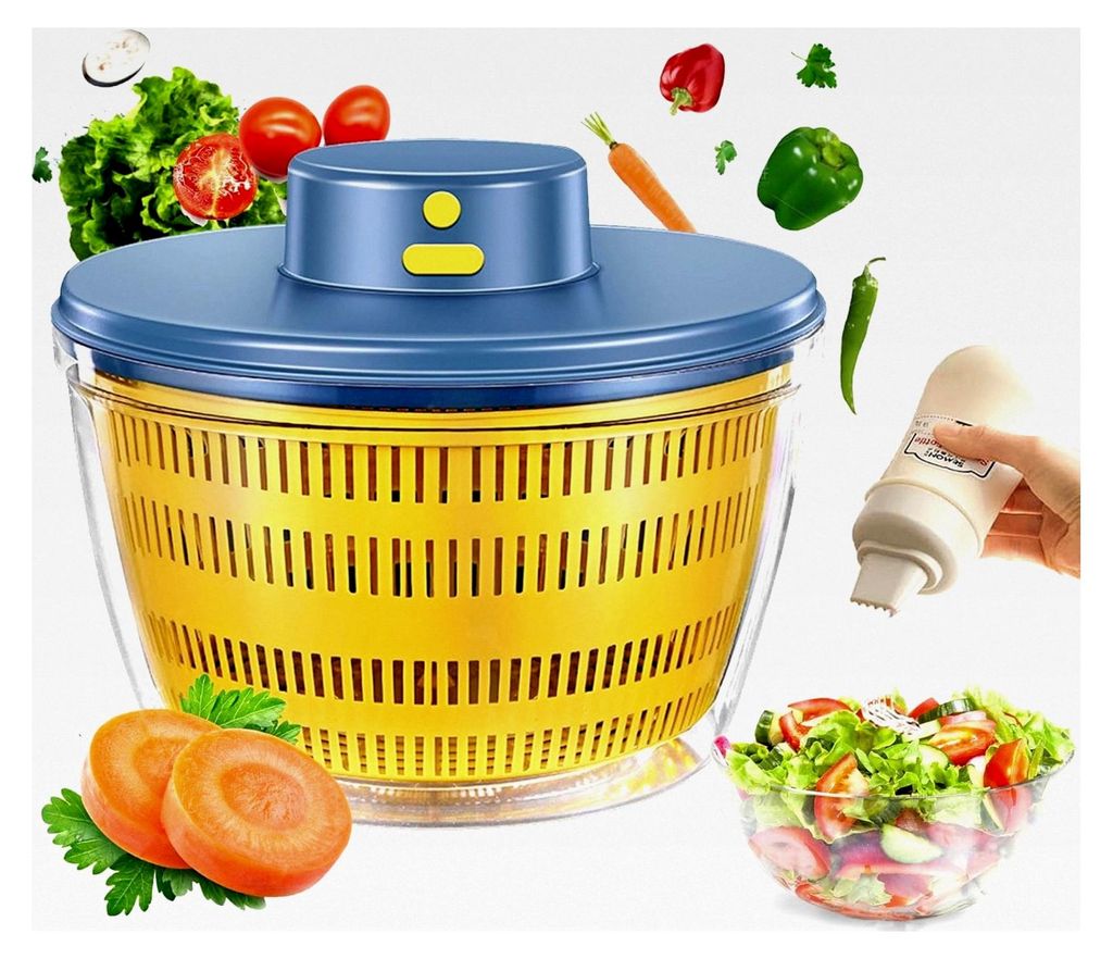 Elektrische Salatschleuder 4L Küchenhelfer, Automatische Salat Schleuder mit Deckel, für Waschen und Trocknen von Salat, Obst und Gemüse, inklus...
