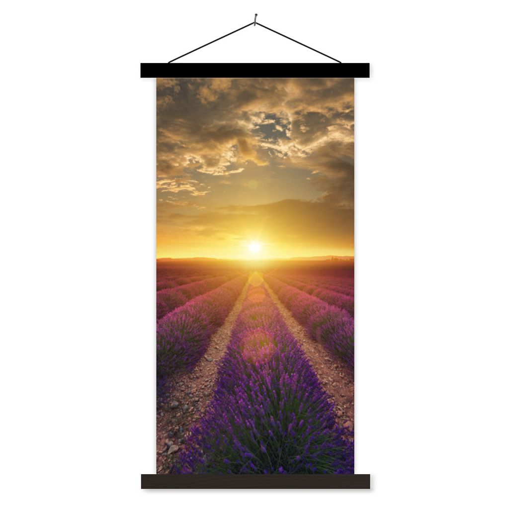 MuchoWow Textilposter Sonnenuntergang - Lavendel - Frankreich 90x180 cm mit schwarzem Rahmen - Dekoration Wohnzimmer
