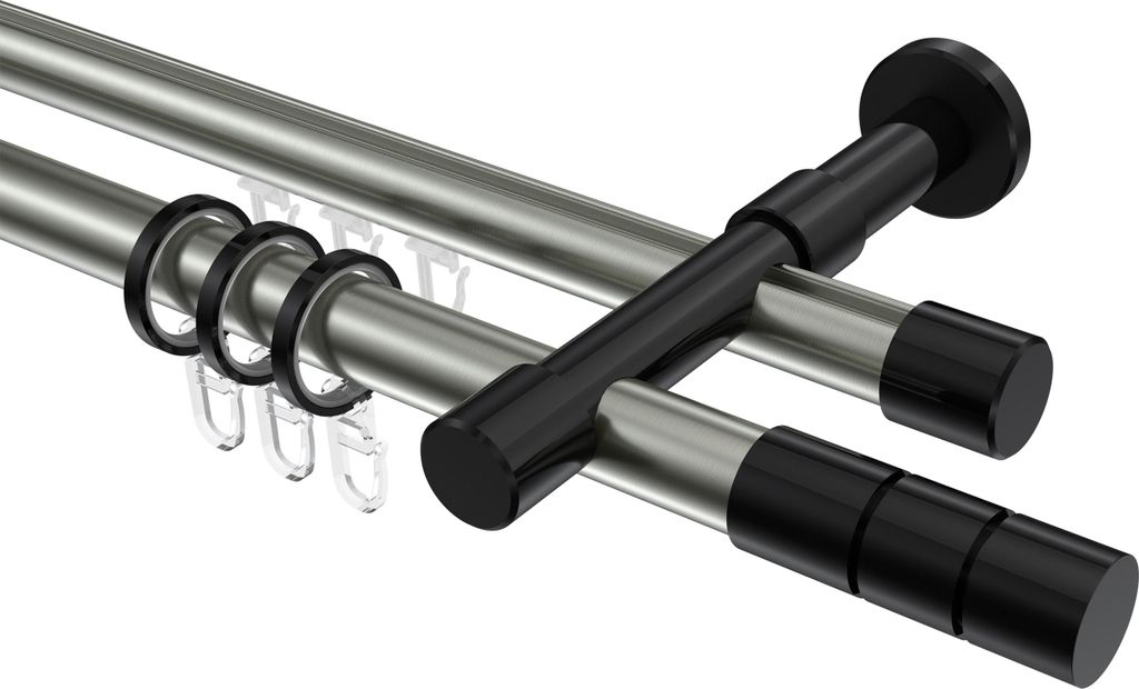 Interdeco Rundrohr-Innenlaufstange / Gardinenstange (Kombination) Edelstahl-Optik / Schwarz, Typ Prestige Elanto (Rillenzylinder), 20 mm Ø 2-läuf...