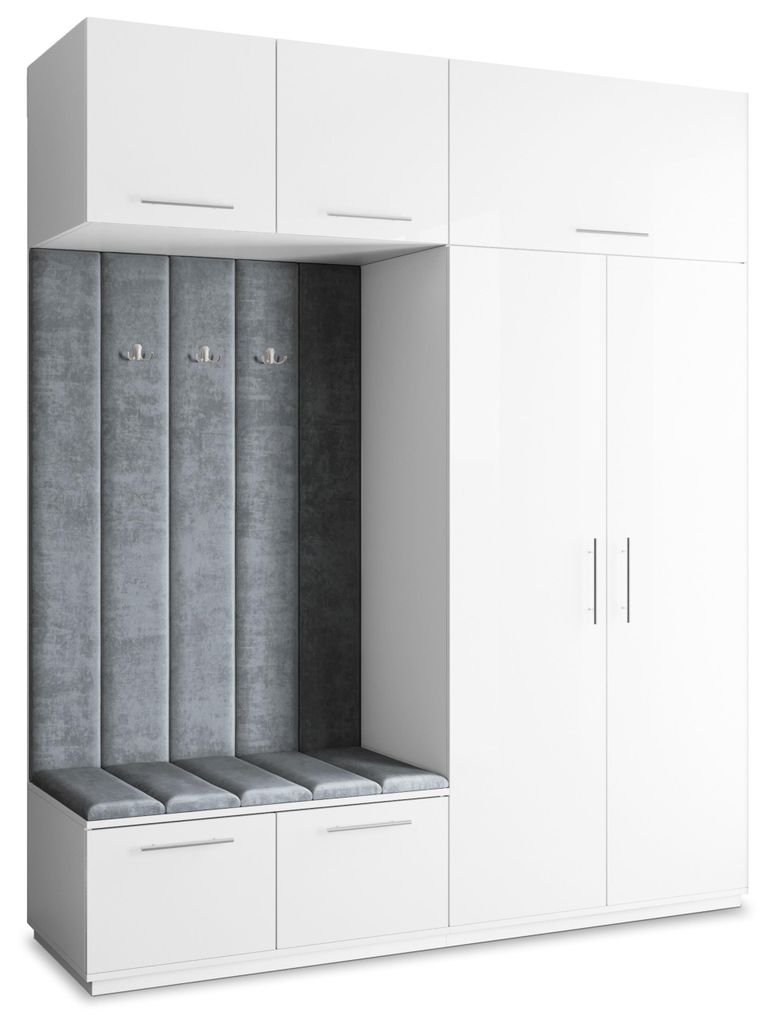 Masseno Garderobe-Set REMA 200/240/60 cm Modern Garderobenschrank Weiß, Veloursstoff MONOLITH 85 (Grau)