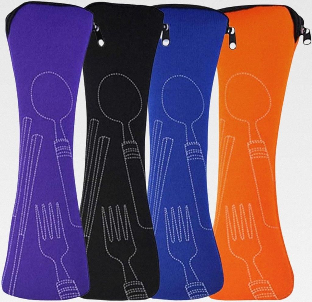 4 Stück Tragbare Neopren Bestecktaschen Leer mit Reißverschluss Besteck Camping Geschirr Waschbar Schule Picknick to go Taschen (Schwarz, Lila, o...