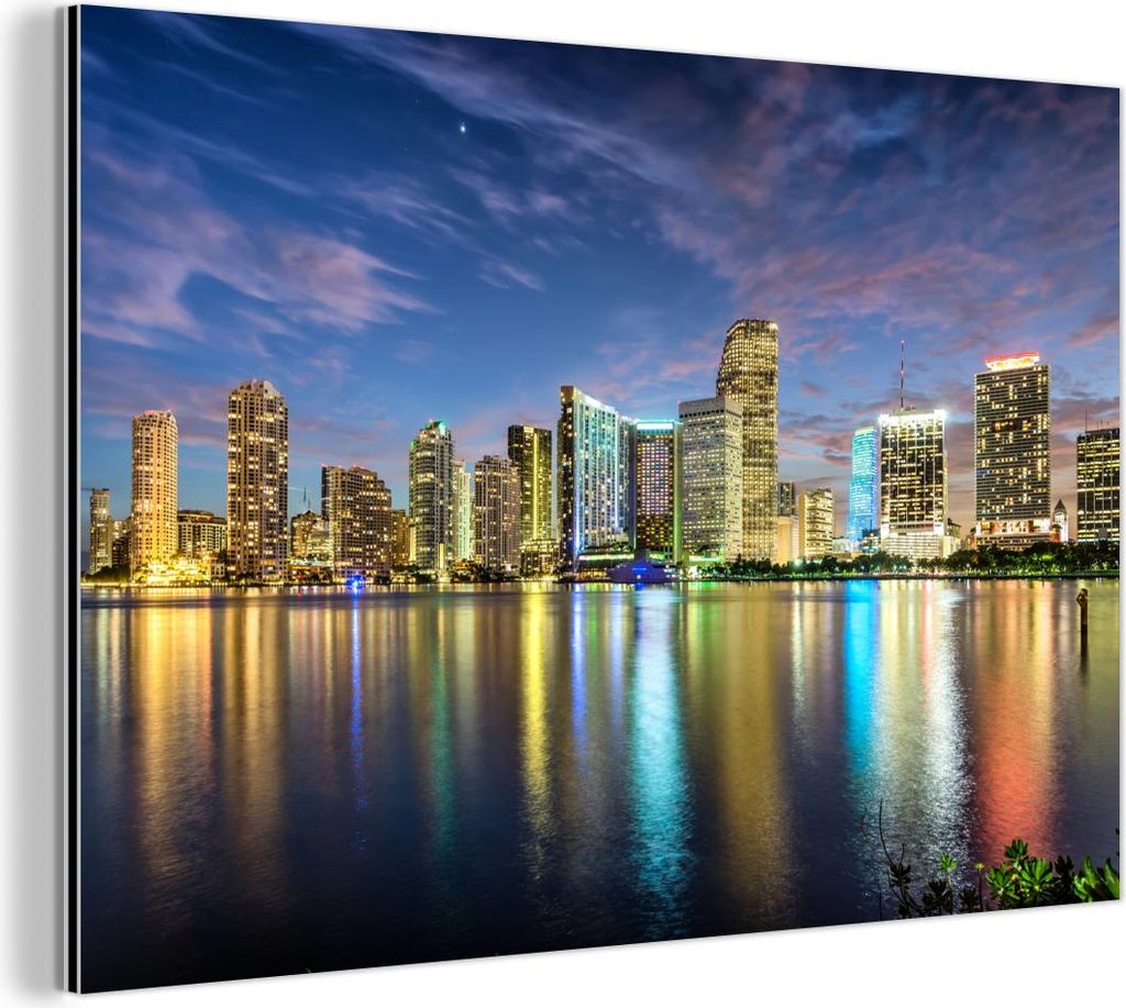 MuchoWow Wanddekoration Metall Metallbild Wandkunst 120x80 cm Skyline von Miami MuchoWow Aluminium Gemälde - Alu Bild