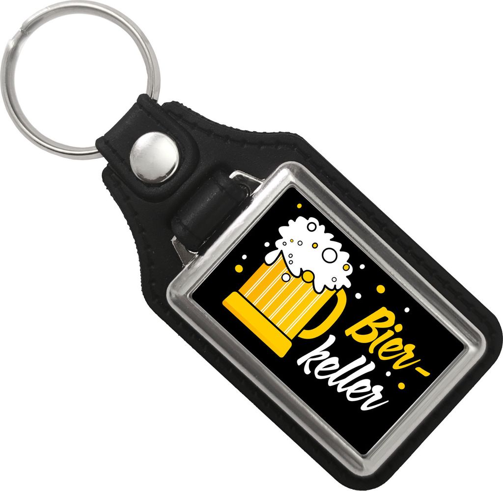 Bierkeller Bierkrug Schlüsselanhänger mit Kunstleder-Anhänger in schwarz für