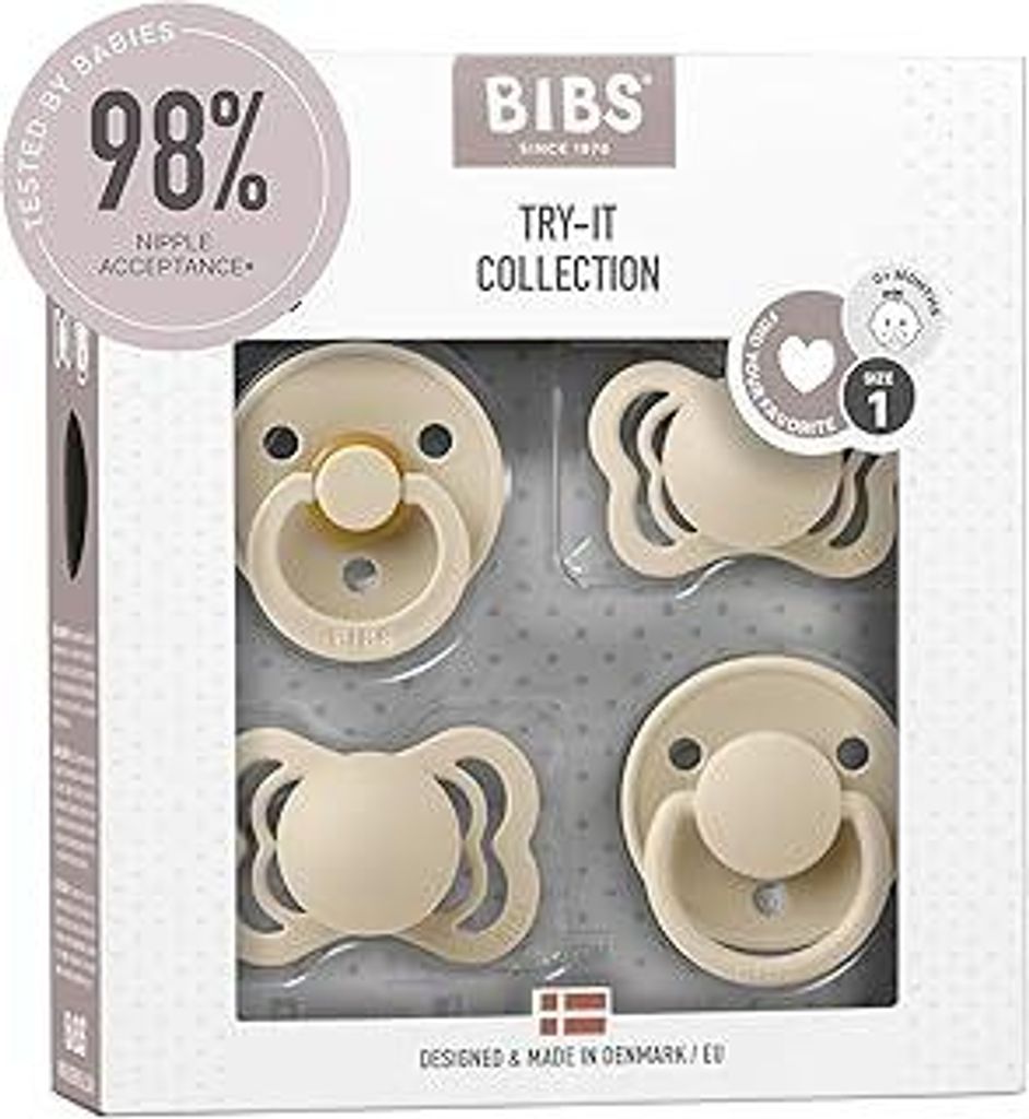BIBS Schnuller 4er-Pack, Try it starter pack, -frei, Kirschform, Symmetrische und Kiefergerechte Sauger. Naturkautschuk/Latex, Hergestellt in Däne...