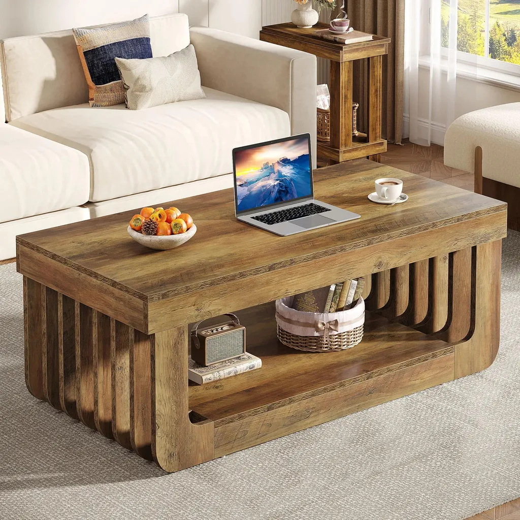 Table basse bois MDF 2 niveaux brun rustique grand format 120x60 cm - 2