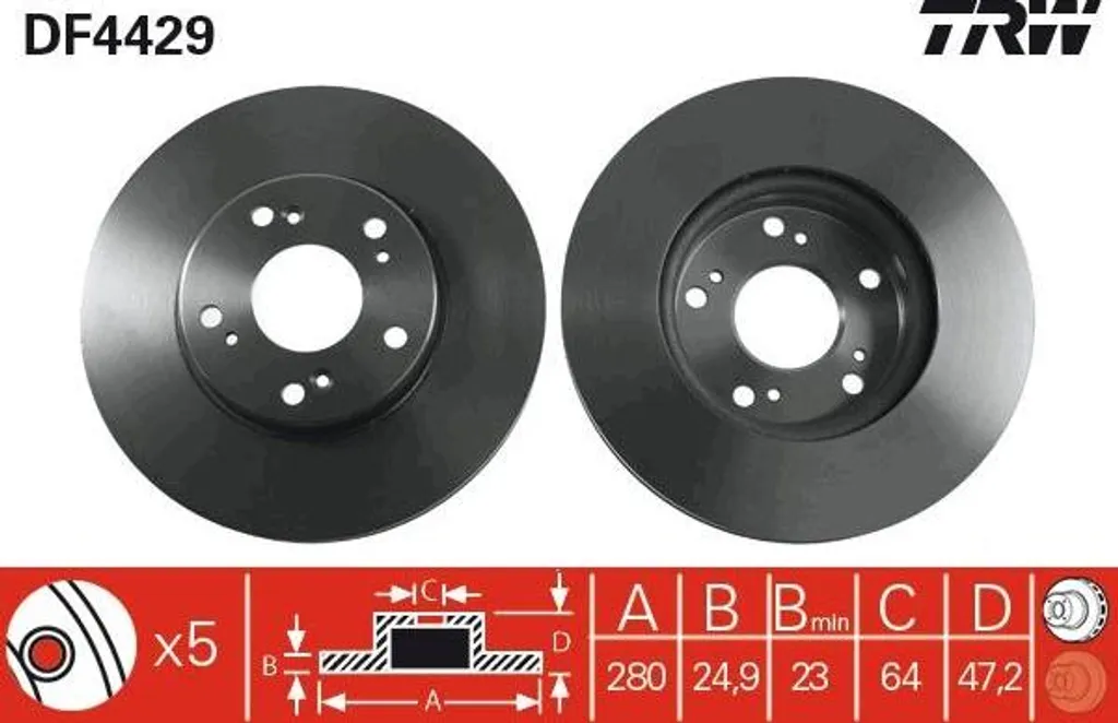 Disque de frein TRW DF4429 en fonte grise robuste pour Accord 2.2