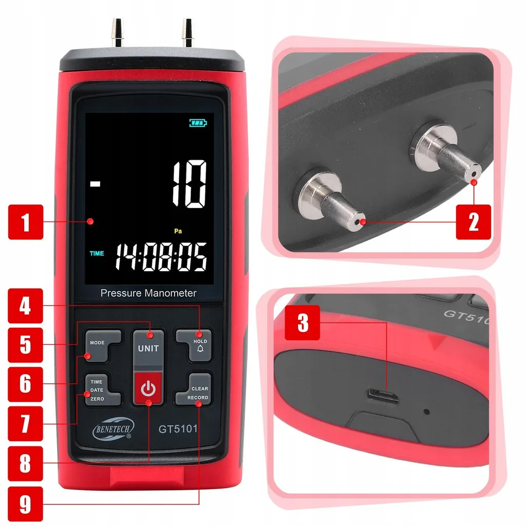 Manomètre USB rouge multi-unités pour mesure de pression différentielle
