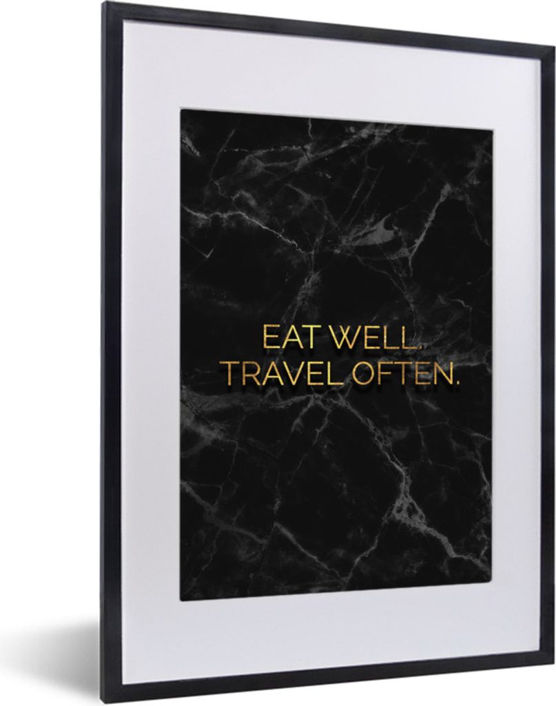 MuchoWow Gerahmtes Poster Zitat - Essen - Reisen - Gold 30x40 cm - Poster mit Schwarzem Bilderrahmen Wandposter Rahmen Foto Bilder - Wandposter S...