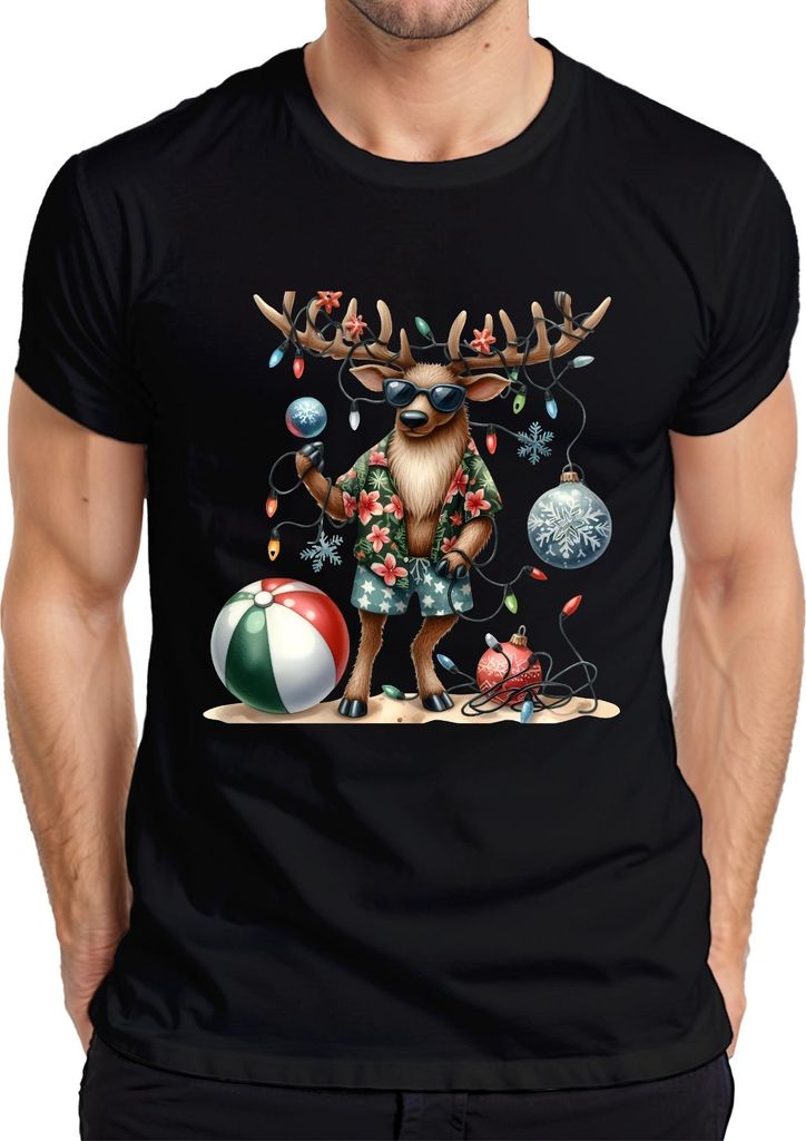 Rentier Weihnachten Lustig Hawaii Strand Sonnenbrille Retro Herren T-Shirt, Schwarz, 3XL