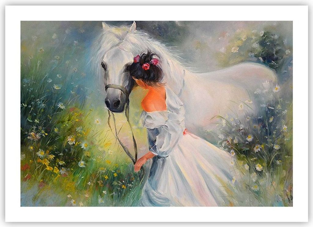 Poster - Poster ohne Rahmen - Frau Wiese Pferd - 70x50 cm - Wand Bild - Wanddeko - Wandbilder - Kunstposter - Wandposter - Bilder - Kunstdruck - Wa...