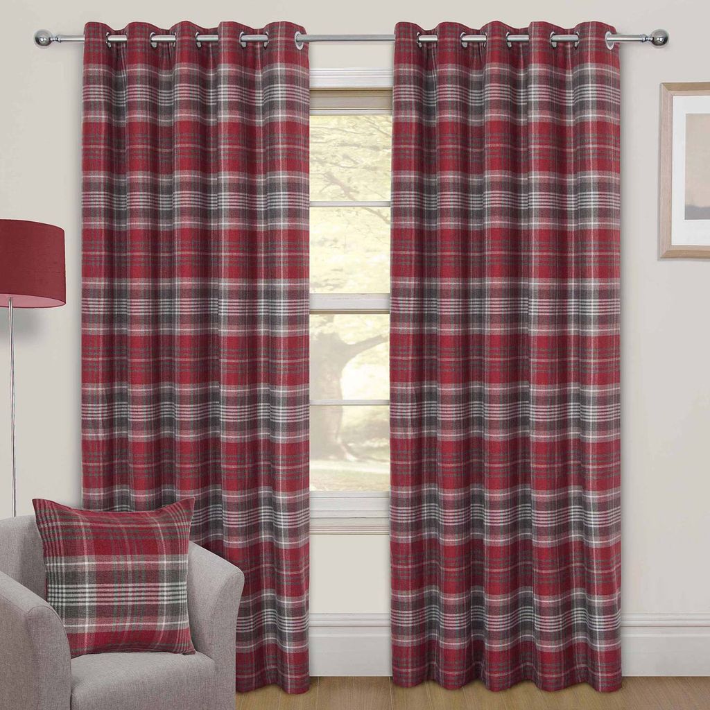 HOMESCAPES Schottenmuster-Gardinen mit Ösen Tartan rot 2 Stück 117 x 182 cm