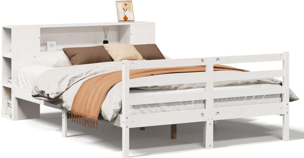 vidaXL Massivholzbett mit Regal ohne Matratze Weiß 135x190 cm Kiefer