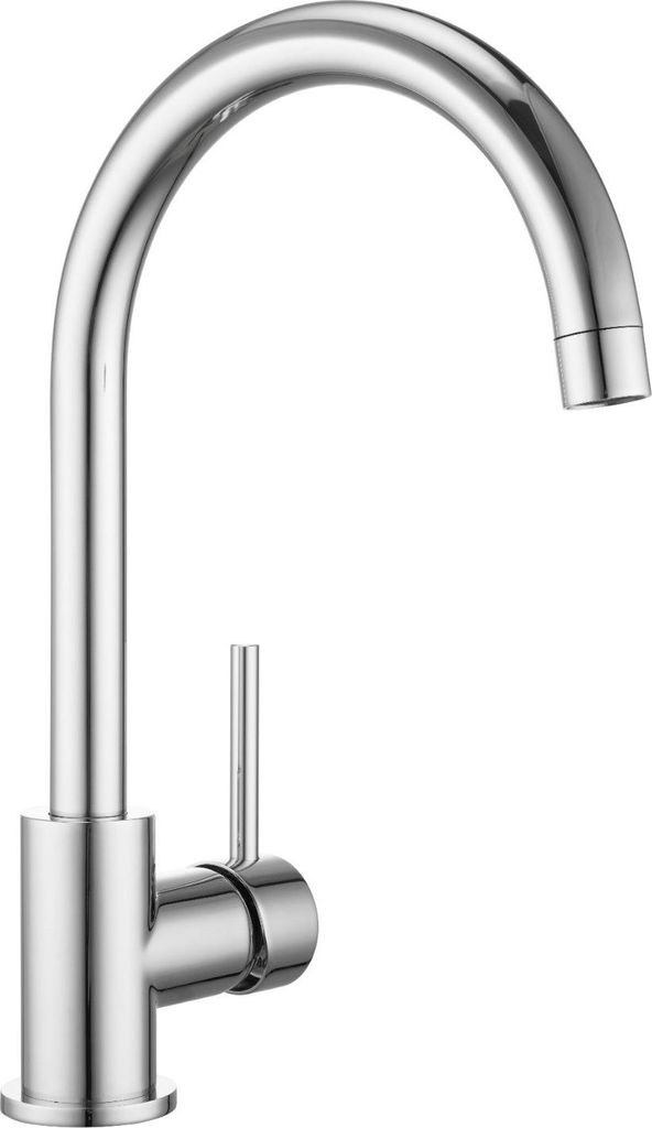A studio shot of a chrome kitchen faucet against a white background.