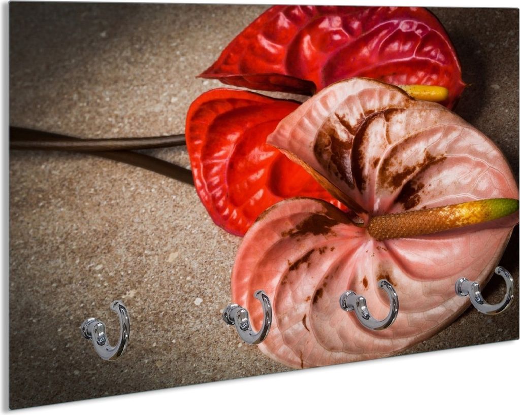 Wallario Schlüsselbrett aus Glas, Motiv: Blüten einer Flamingoblume - Anthurie - auf schwarzem Marmor, 30 x 20 cm mit 4 Haken