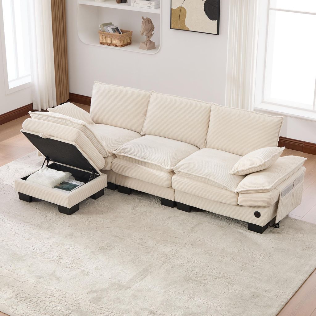 MODFU Dreisitzer Sofa mit USB und C-Anschluss Loungesofa mit einem Hocker breiter Sitzfläche Corduroy Modulares Sofa mit Seitentaschen für das Wo...