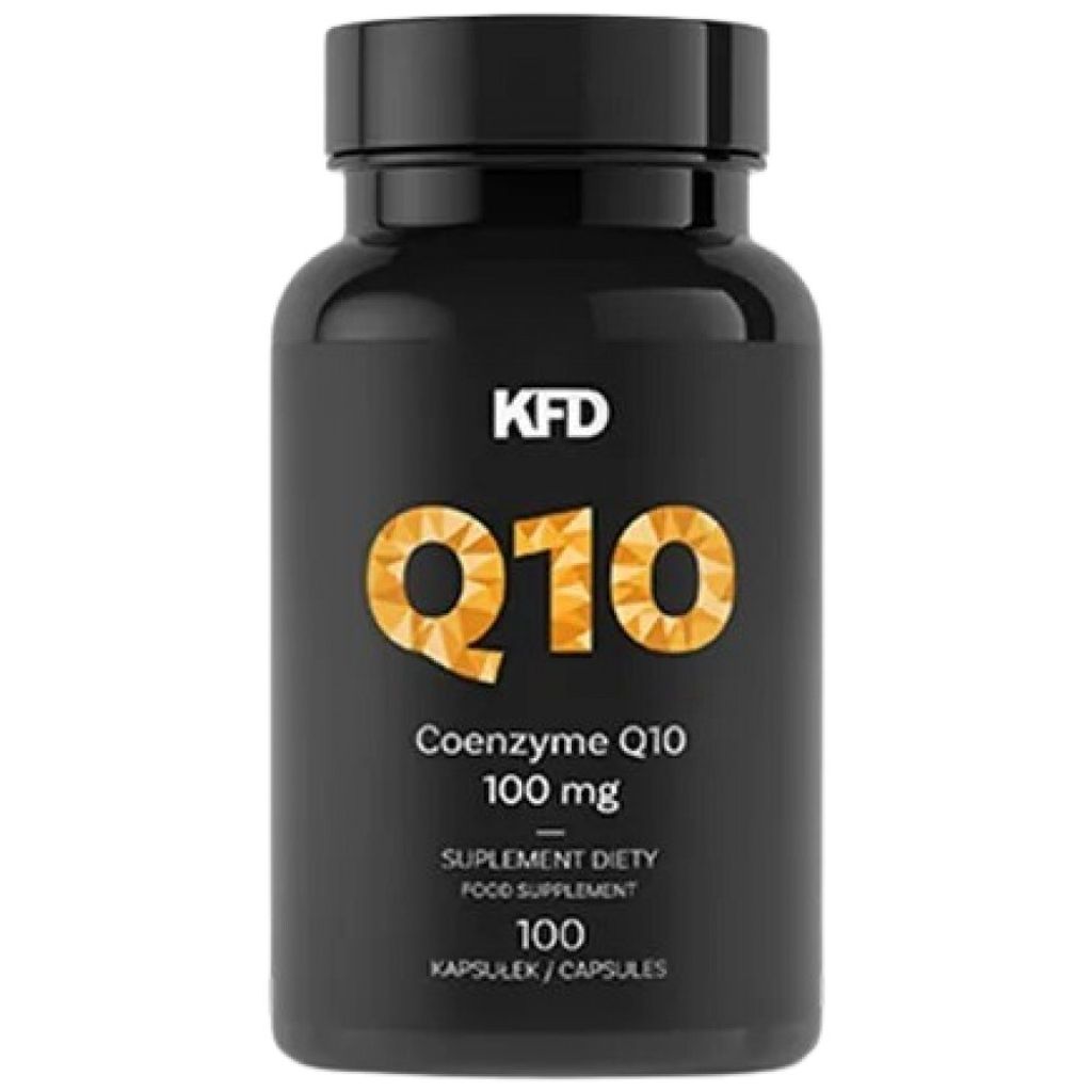 A black bottle of KFD Coenzyme Q10 supplement.